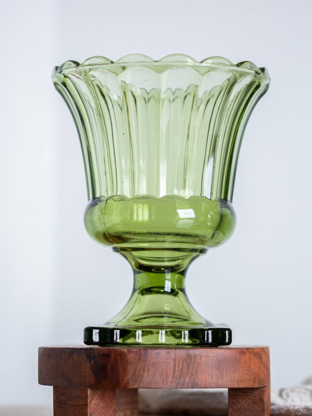 Vintage Indiana Glass Pedestal Vase | Avocado Green Glass Compote Vase